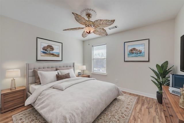 bedroom featuring ceiling fan and light wood-type flooring