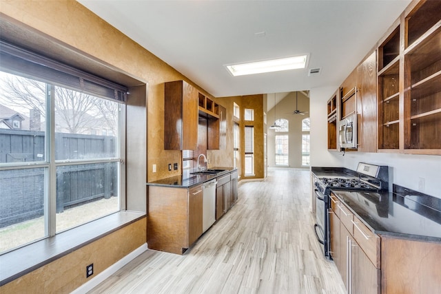 kitchen featuring stainless steel appliances, sink, light wood-type flooring, and plenty of natural light