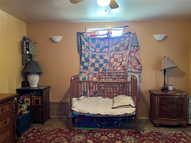 tiled bedroom with ceiling fan