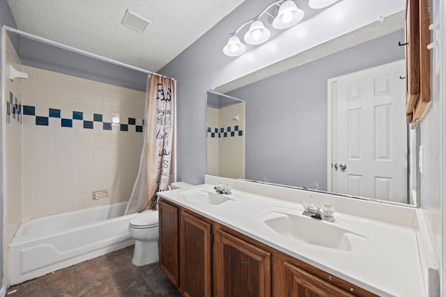 full bathroom featuring vanity, shower / bathtub combination with curtain, a textured ceiling, and toilet