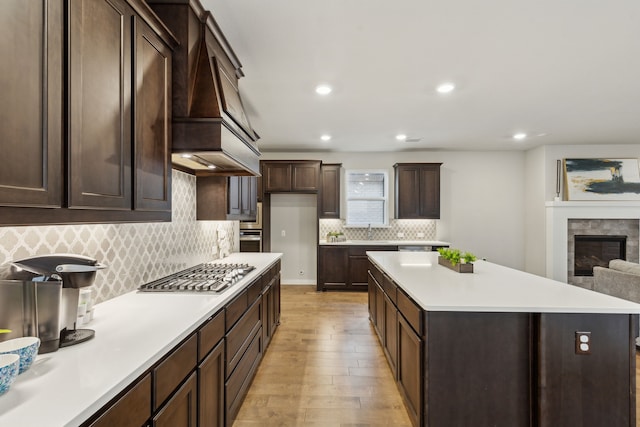 kitchen with appliances with stainless steel finishes, decorative backsplash, dark brown cabinetry, custom range hood, and light hardwood / wood-style flooring