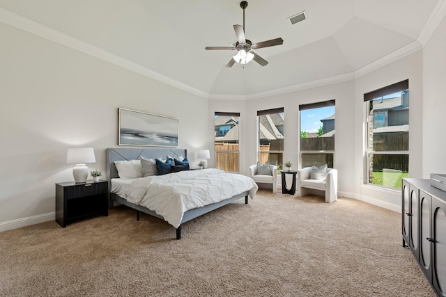 bedroom featuring baseboards, visible vents, light colored carpet, and multiple windows
