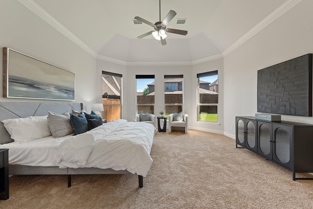 bedroom featuring carpet, vaulted ceiling, ornamental molding, baseboards, and ceiling fan