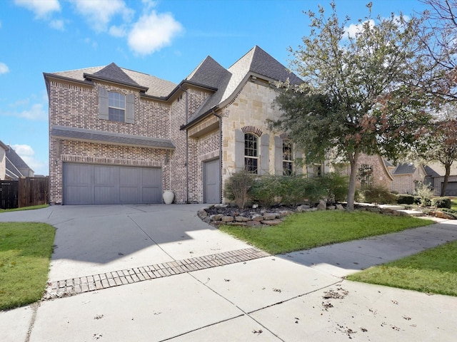 french country style house featuring a garage and a front lawn