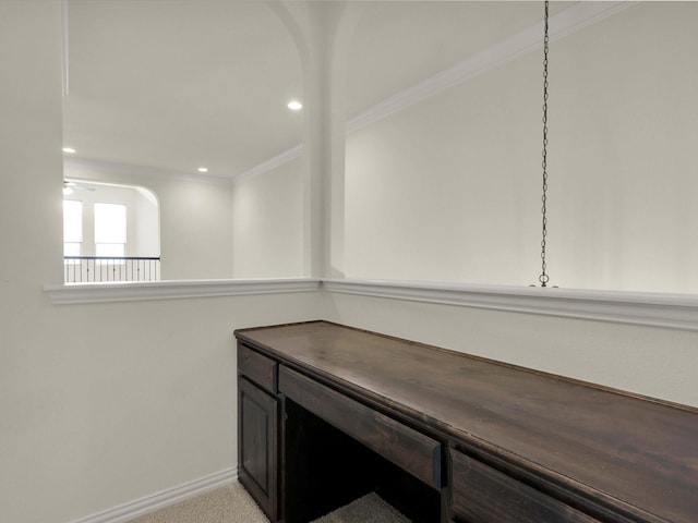 interior space featuring recessed lighting, ceiling fan, baseboards, and ornamental molding