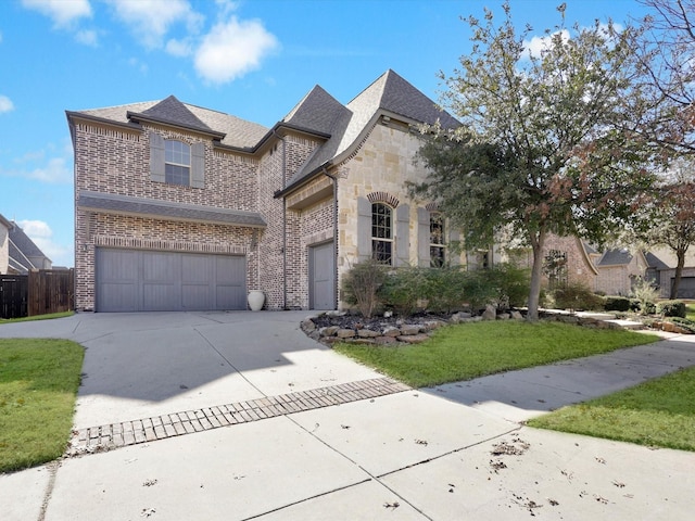 french provincial home featuring a front lawn, stone siding, concrete driveway, a garage, and brick siding