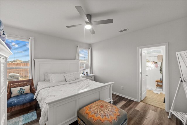 bedroom featuring wood-type flooring and ceiling fan