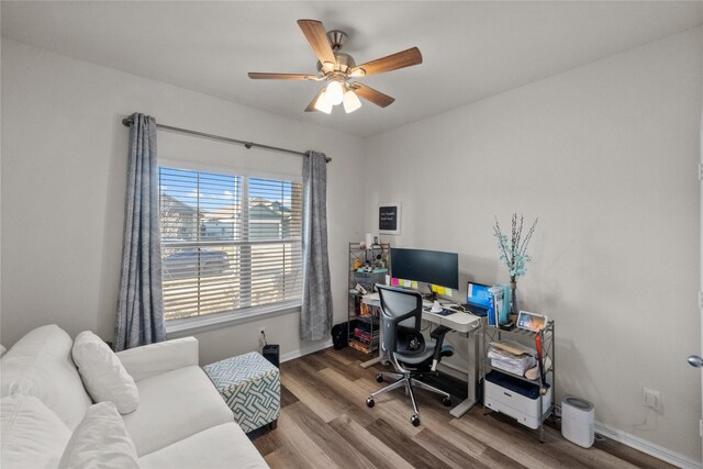 office area featuring wood-type flooring and ceiling fan