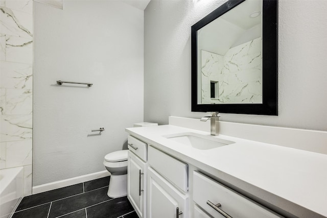 full bathroom featuring shower / bath combination, vanity, tile patterned floors, and toilet