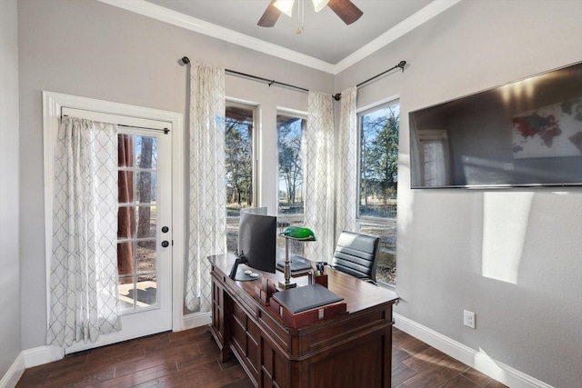 office area with dark wood-type flooring, ceiling fan, and crown molding