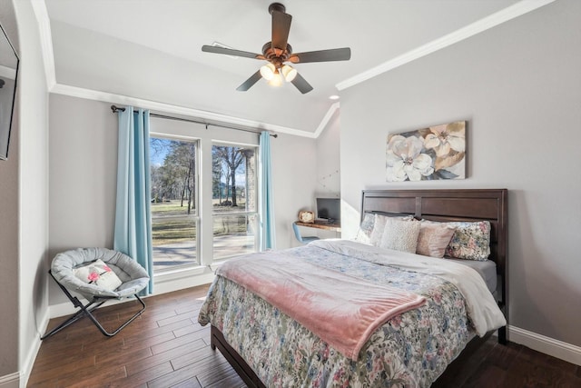 bedroom with dark wood-type flooring, crown molding, vaulted ceiling, access to outside, and ceiling fan