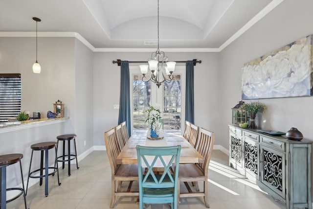 tiled dining area with lofted ceiling, a notable chandelier, a raised ceiling, and a healthy amount of sunlight