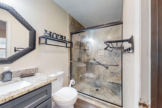 bathroom featuring vanity, an enclosed shower, a textured ceiling, and toilet