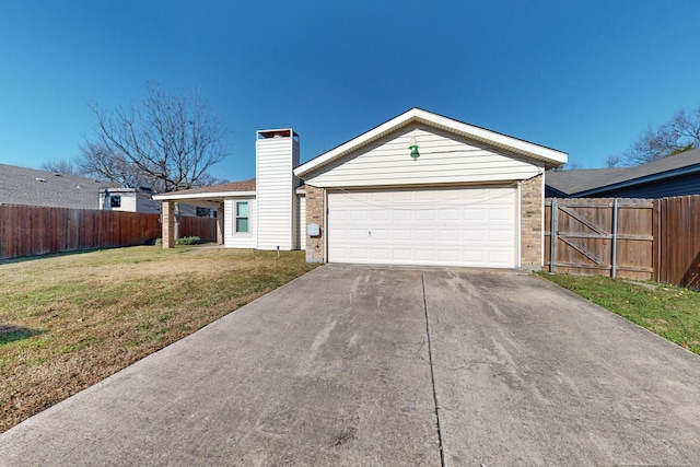 ranch-style house with a garage and a front lawn