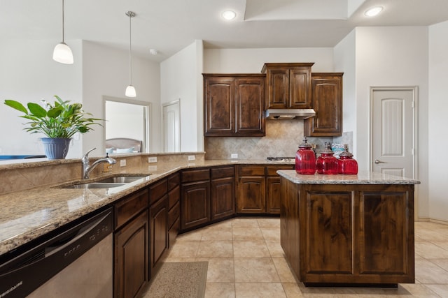 kitchen with sink, dishwasher, hanging light fixtures, dark brown cabinets, and decorative backsplash