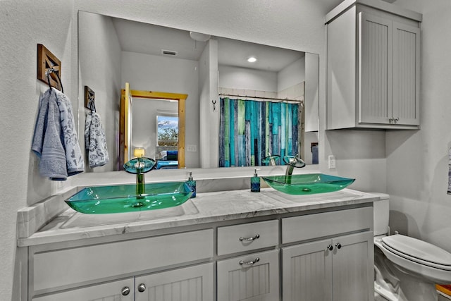 bathroom featuring vanity, toilet, and walk in shower