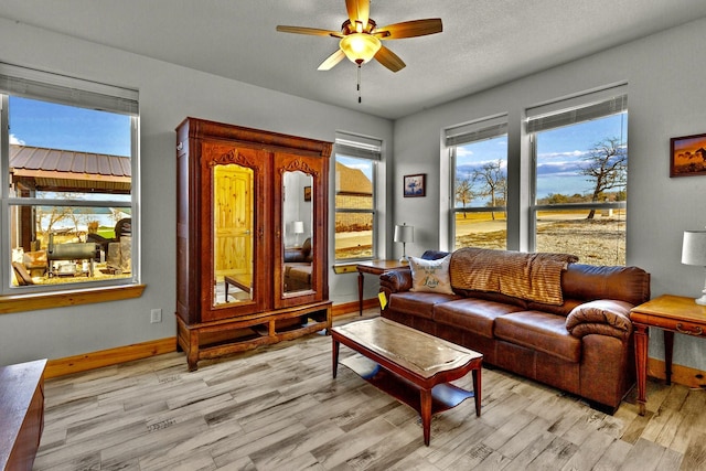 living room featuring ceiling fan, a textured ceiling, and light wood-type flooring