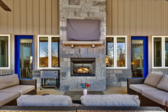 exterior space with a fireplace