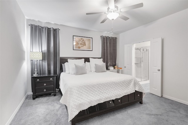 bedroom featuring light carpet and ceiling fan