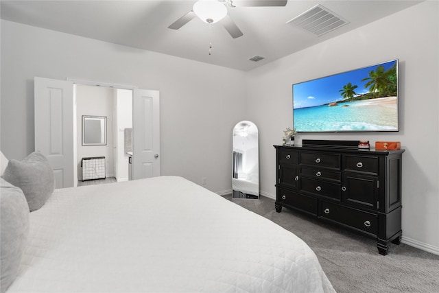 bedroom featuring ceiling fan and carpet