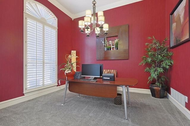 carpeted home office featuring crown molding and a chandelier