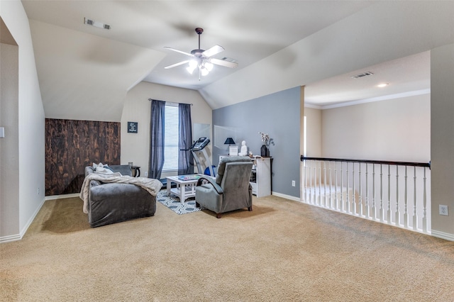 bedroom featuring ceiling fan, carpet floors, and vaulted ceiling