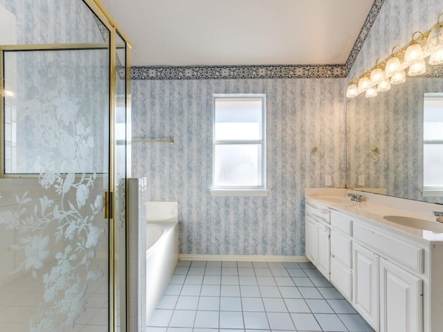 bathroom with vanity, tile patterned floors, and independent shower and bath