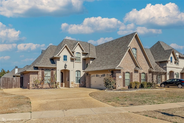 french country style house with a garage