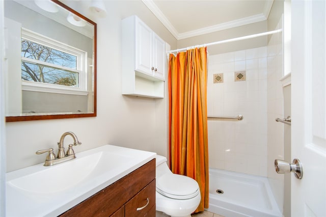 bathroom with ornamental molding, toilet, curtained shower, and vanity