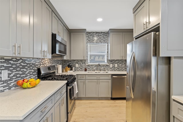 kitchen featuring sink, gray cabinets, appliances with stainless steel finishes, decorative backsplash, and light wood-type flooring