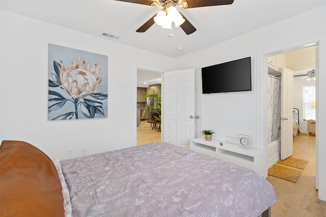 bedroom featuring ceiling fan and light wood-type flooring