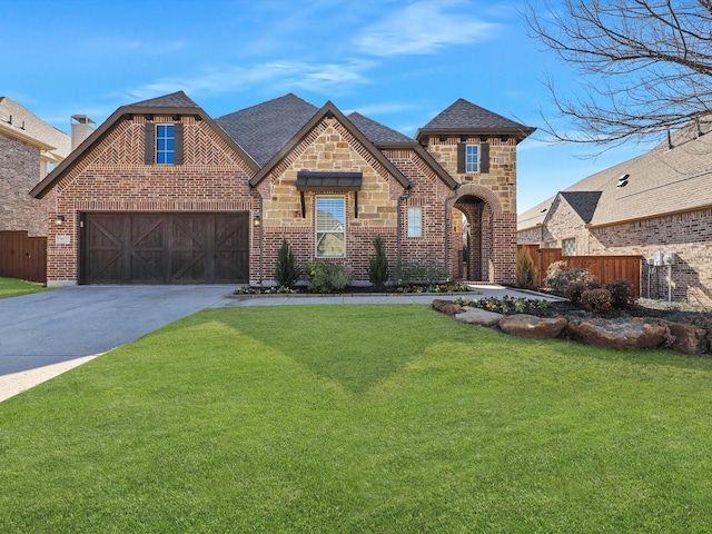 view of front of property featuring a garage and a front yard