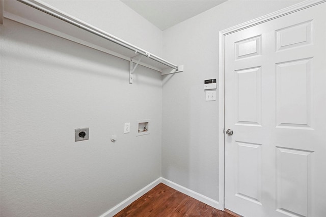 washroom featuring laundry area, baseboards, dark wood-type flooring, hookup for a washing machine, and electric dryer hookup