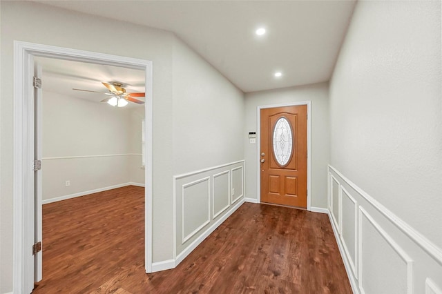 doorway with dark wood-style floors, recessed lighting, and ceiling fan