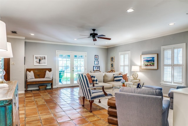 living room with french doors, ceiling fan, ornamental molding, and light tile patterned floors