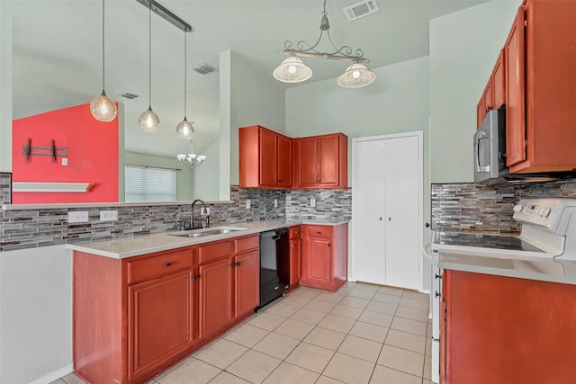 kitchen with pendant lighting, white electric range, tasteful backsplash, dishwasher, and sink