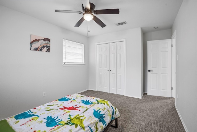 bedroom featuring carpet floors, a closet, and ceiling fan