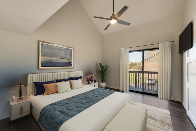 bedroom with access to outside, high vaulted ceiling, dark hardwood / wood-style floors, and ceiling fan