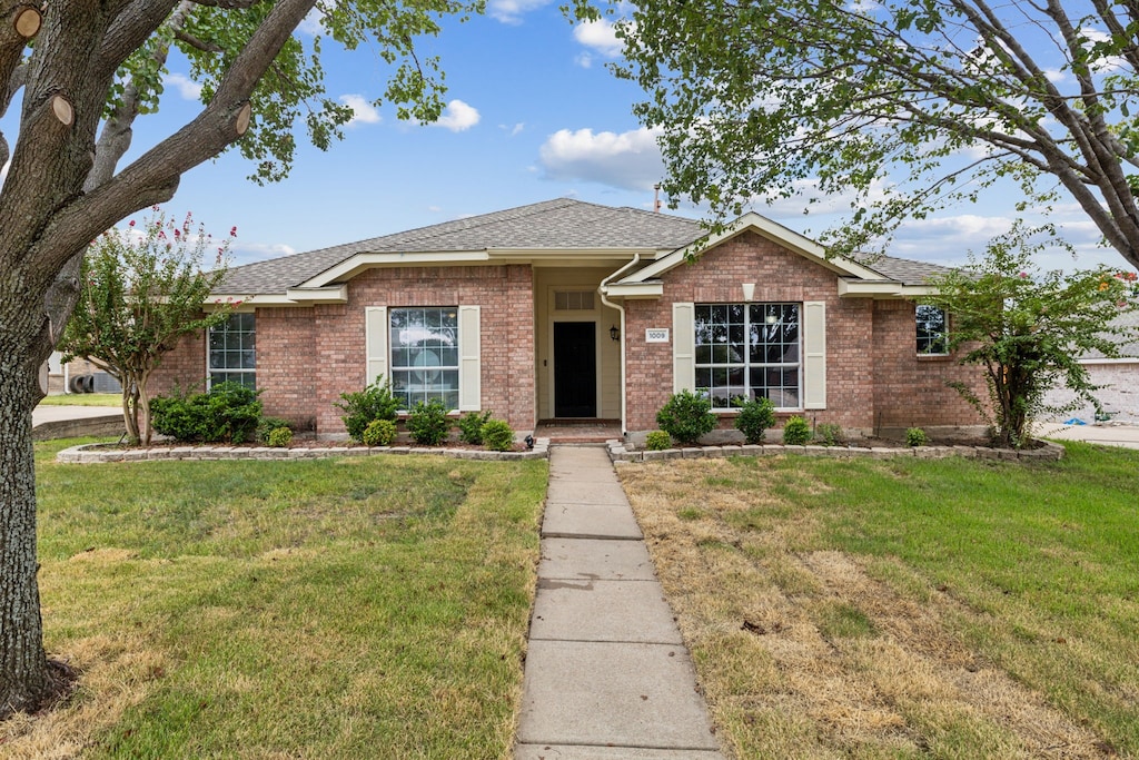 single story home featuring a front lawn