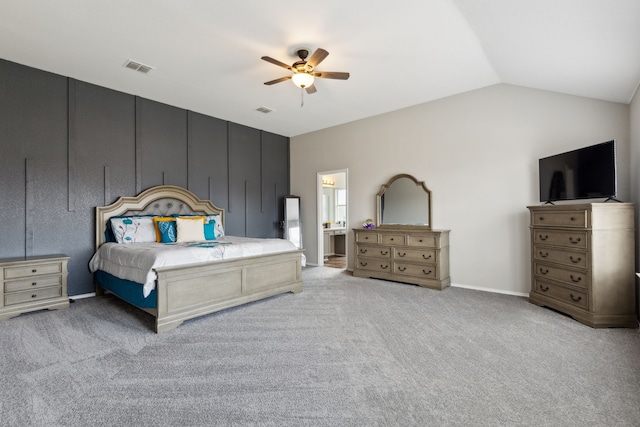 carpeted bedroom with lofted ceiling and ceiling fan