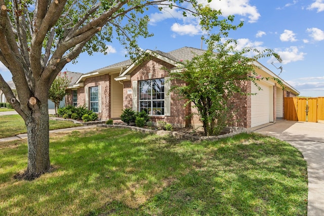 single story home with a garage and a front lawn