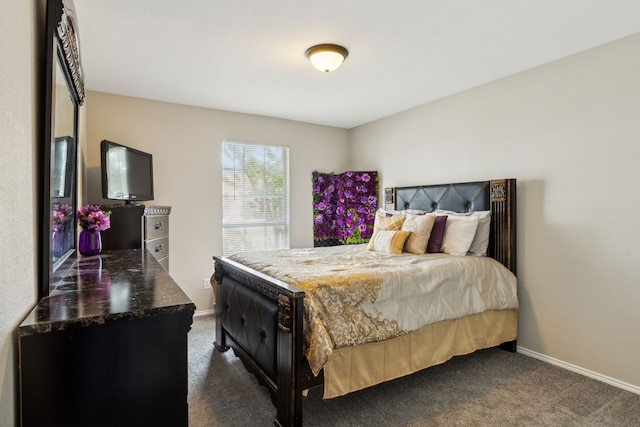 bedroom with dark colored carpet