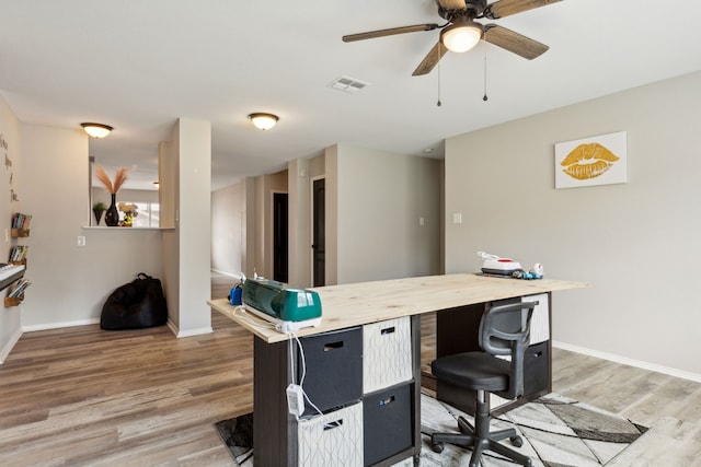 home office featuring wood-type flooring and ceiling fan