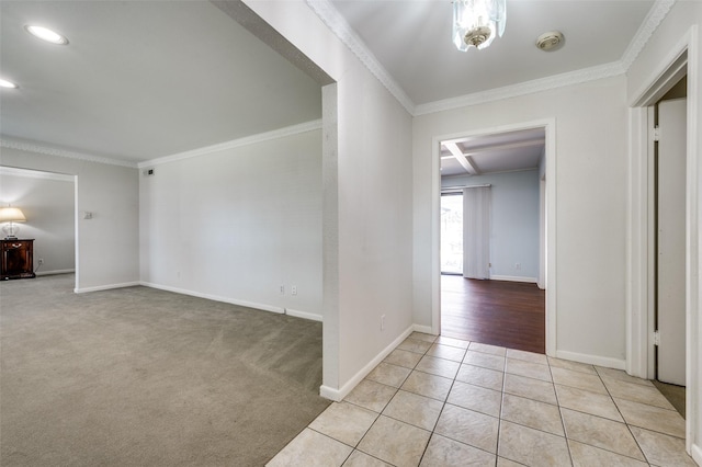 interior space featuring light tile patterned floors and ornamental molding