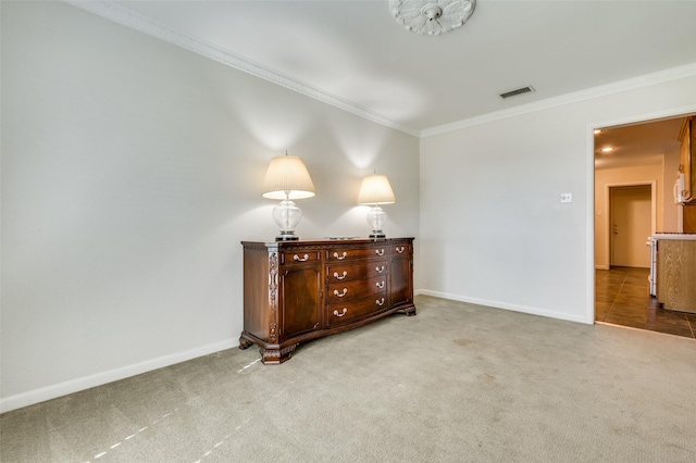 carpeted bedroom with crown molding