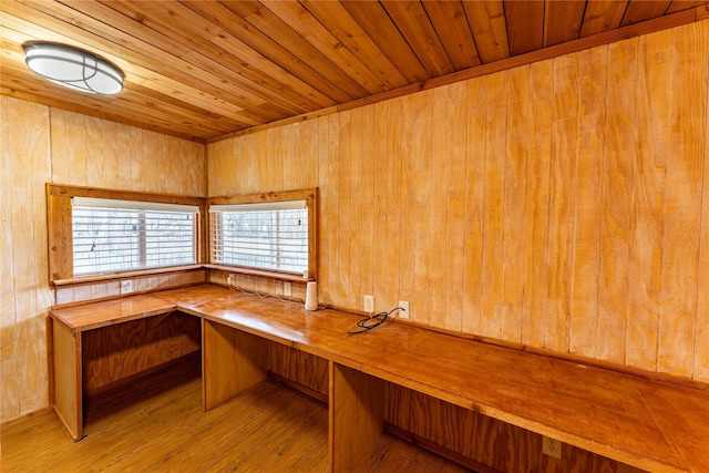 unfurnished office featuring wood ceiling and light hardwood / wood-style floors