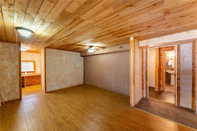 bonus room featuring hardwood / wood-style flooring, ceiling fan, wooden walls, and wooden ceiling