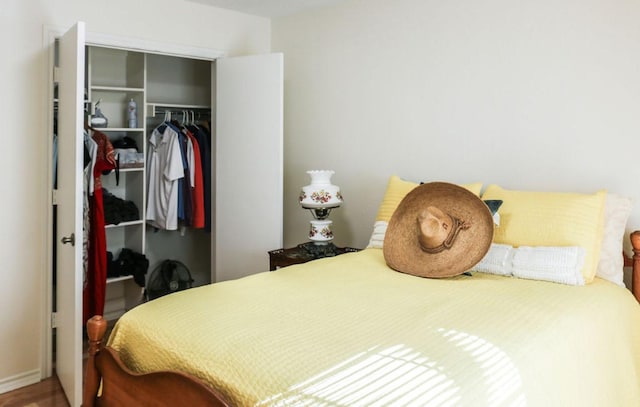 bedroom with hardwood / wood-style floors and a closet