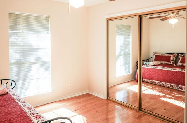 bedroom featuring wood-type flooring, ceiling fan, and a closet