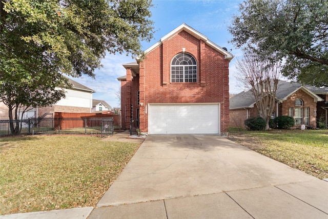 front facade with a front lawn and a garage